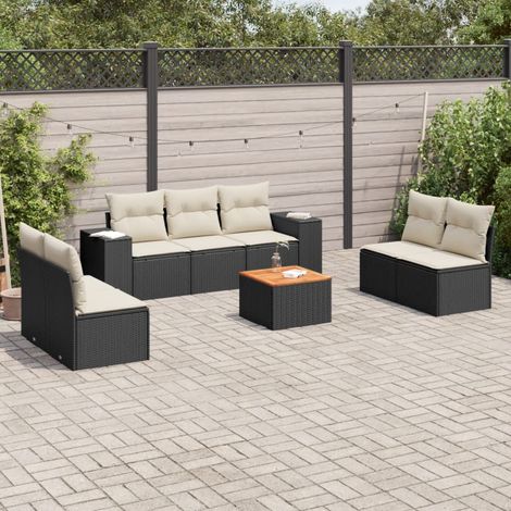 Ensemble Jardin 8 Places Noir Résine Tressée avec Coussins Crème - Salon Extérieur Modulaire avec Table Acacia et Rangement Intégré (1/3)