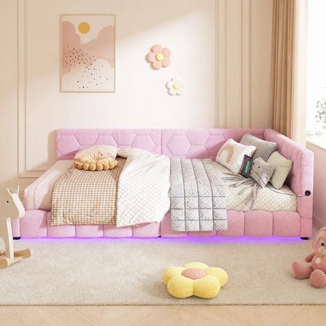 Canapé-lit 140 x 200 cm en velours rose, structure MDF, sommier à lattes, LED 16 couleurs réglables, ports USB et Type-C, pour chambre – de FLORAGRACE (1/5)