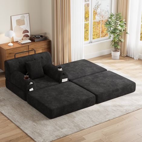 Poltrona letto singola in velluto a coste con poggiapiedi e 2 portabicchieri nera OKWISH (1/5)