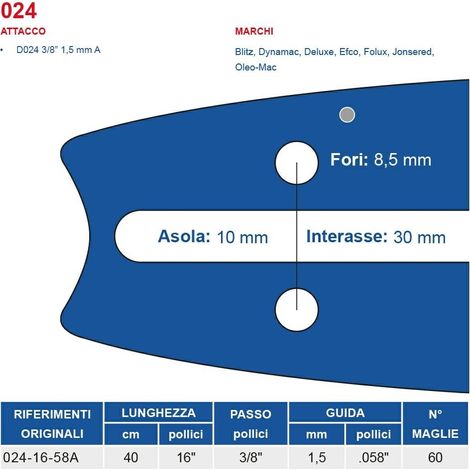 Barra motosega 40 cm - 16" passo 3/8", spessore 1.5 mm - .058" attacco 024, 60 maglie 451744