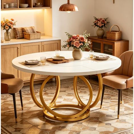 Mesa de comedor redonda de Melaminado blanco y acero dorado para 4-6 personas FloraGrace (1/5)