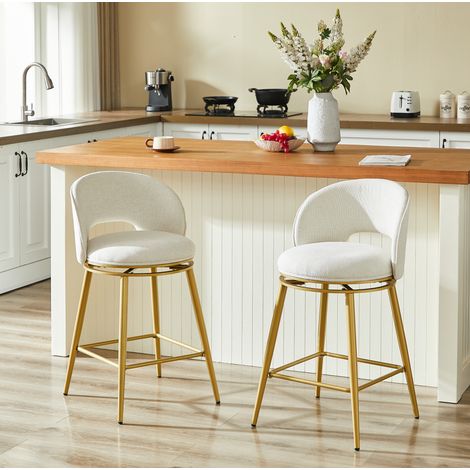 Sgabello da bar in tessuto beige, girevole 360°, struttura metallica dorata, schienale ergonomico,56×53×92cm (1/5)
