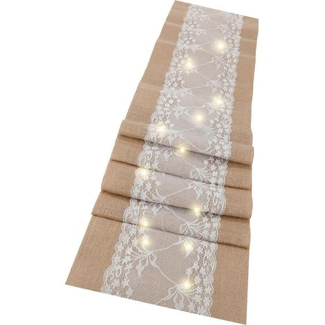 Chemin de table décoratif à LED, bordure en dentelle de jute, tissu polyester réutilisable, idéal comme centre de table basse, 30 x 180 cm. (1/5)