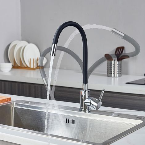 Robinet de Cuisine avec 2 types de jet d'eau, robinet de cuisine noir avec bec flexible, rotatif à 360°, robinet d'évier en acier inoxydable brossé et tuyau en silicone,Brossée (1/5)