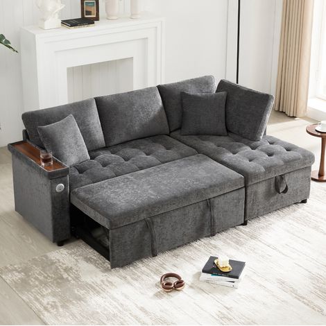 CHICFURN Sofá rinconera convertible 209x130x84 cm de chenilla gris oscuro con USB y arcón (1/5)