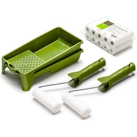 Kit de vernis : Lot de 10 rouleaux droits en mousse de 11 cm + 2 anses de rouleaux de peinture + 2 bacs à peinture. (1/5)