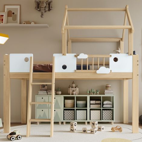 Lit superposé enfant design maison en pin massif avec échelle inclinée et barrières de sécurité, structure robuste pin/MDF/contreplaqué, idéal pour chambre d'enfant, 90x200 cm, blanc et couleur nature (1/5)
