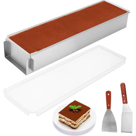 Moule à gâteau rectangulaire Tiramisu avec couverture en acrylique, moule à gâteau rectangulaire réglable en alliage d'aluminium avec 2 spatules pour mousse, gâteau, pain, toast, gâteau de (1/5)