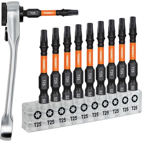 Jeu de 11 Embouts de Vissage Torx T25(50mm) avec Mini Clé à Cliquet,Acier S2 Magnétiques, Embouts Haute Fréquence pour Visseuse à Choc (1/5)