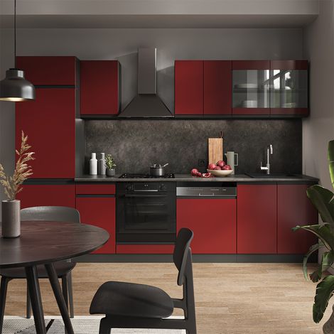 Mueble de cocina R-Line, Rojo/antracita, 300 cm Forma de J, Vicco (1/5)