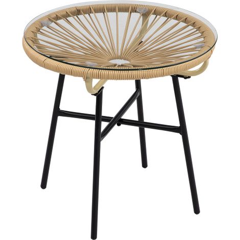 Bistrotisch, Runder Gartentisch, Ratten Beistelltisch, für Terrasse, Balkon, Schwarz+Beige, 50 x 50 x 50 cm