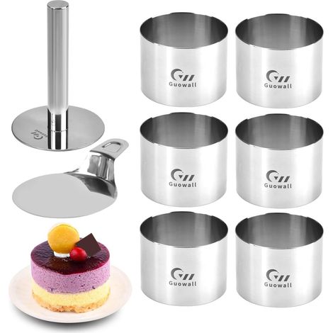 Cercle à Patisserie en Acier Inoxydable, Anneaux de pâtisserie 6 Ronds avec 1 poussoir et 1 spatule, 7,6 cm Diamètre, 5,5 cm Haut, Moule Cercle pour Dessert Gâteau,7,6 cm Diamètre,- (1/5)