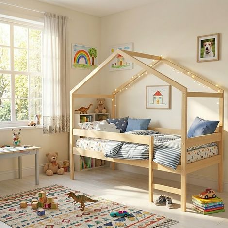 Lit cabane MIKA 90x190 + sommier + matelas IRIS / Naturel/ 199x95x165