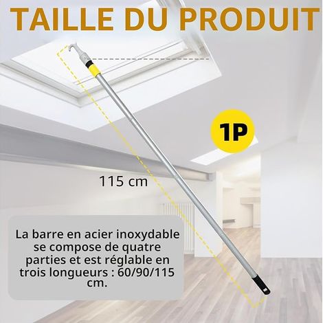 Perche Télescopique en Acier Inoxydable 110 cm pour Lucarne, Trappe De Grenier Et Escalier Escamotable – Crochet Réglable 4 Segments, Installation sans Outil pour Fenêtres en Hauteur (1/4)