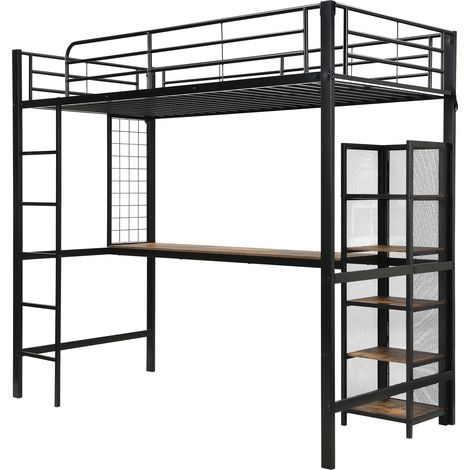 Metall-Hochbett 90 x 200 cm mit Schreibtisch und Stauraum, schwarz/dunkles Holz (1/5)