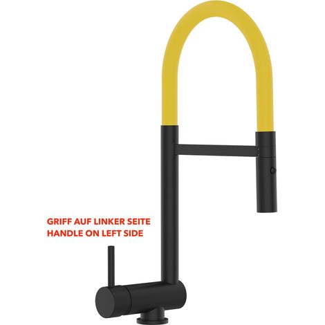 Mitigeur De Cuisine Rabattable Robinet Sous Fenêtre 6CM, Poignée à GAUCHE, avec bec pivotant 360° et douchette 2-jets détachable, Noir Mat / Jaune (1/5)