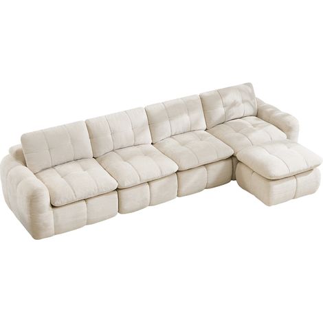 Divano modulare angolare a L 4 posti in chenille beige con 1 ottomano, senza montaggio (1/5)