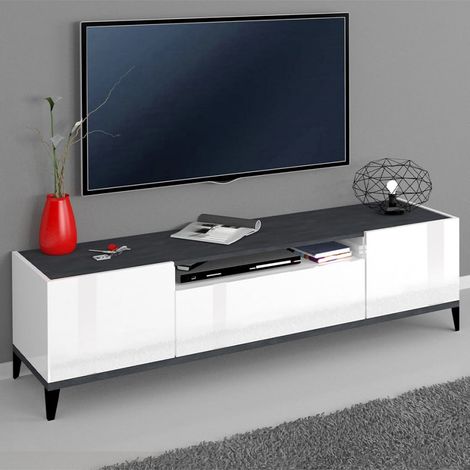 Moderner TV-Schrank 160x40 cm, 2 Fächer, Schublade in Hochglanz Weiß Schiefer Jacob
