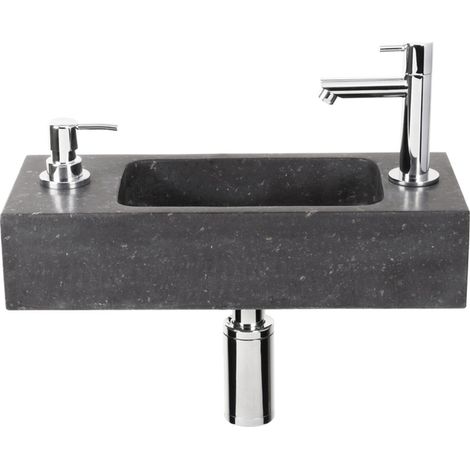 Differnz Sapon kit lave-mains - 42x18.5x9cm - Rectangulaire - 1 trou de robinet - Avec siphon et bonde de vidage - Pierre naturelle Noire (1/5)