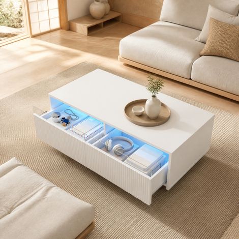 Mesa de centro LED 110 x 50 x 40 cm con 2 cajones, luz multicolor, MDF blanco DESVIAE (1/5)