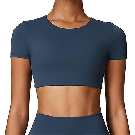 Haut de sport court pour femme, col rond, manches courtes, respirant, extensible, bleu, taille S. (1/4)