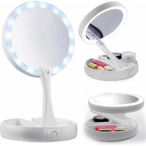 Miroir cosmétique avec lumière LED et organiseur, miroir de maquillage double face et miroir grossissant x10 (1/4)