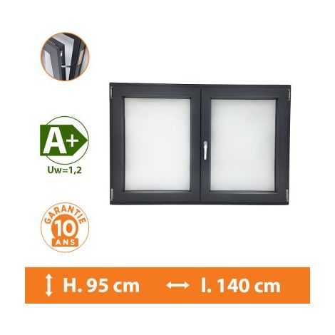 Direct Fenêtres – Fenêtre PVC 2 vantaux gris anthracite – H.95 x l.140 cm – Double vitrage 4/16/4 – Isolation thermique A+ – Ouverture oscillo-battante