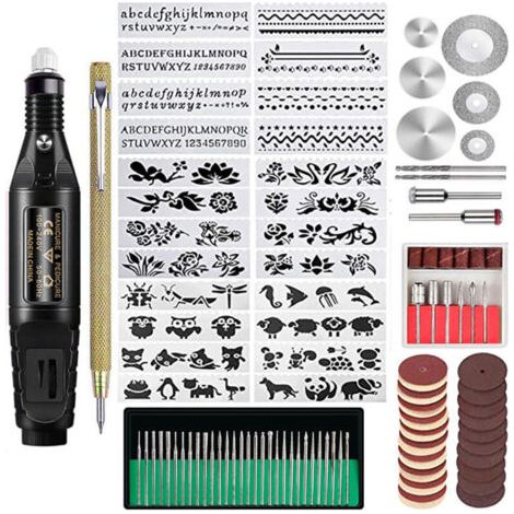 Kit de gravure 107 pièces. Stylo graveur multifonctionnel filaire. Outil rotatif pour la création de bijoux, le verre, le bois et le métal. (1/5)