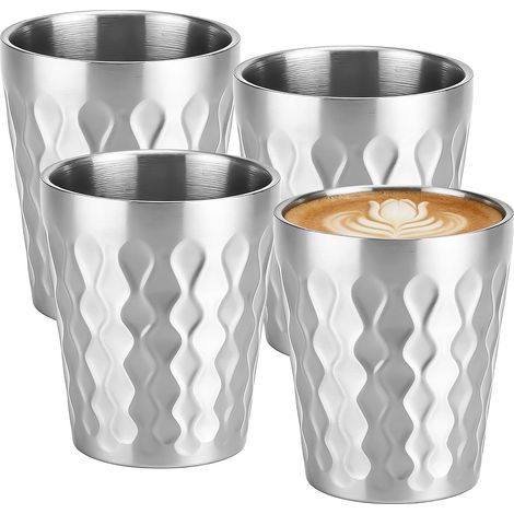 Lot de 4 gobelets en acier inoxydable de 300 ml, empilables et à double paroi. Incassables, ils sont parfaits pour le camping, la bière ou l'eau. Compatibles lave-vaisselle. (1/5)