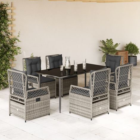 Salon de jardin 7 pièces, 6 chaises inclinables en résine tressée, table en verre, gris et noir, 86.5kg - PANGIVO (1/5)