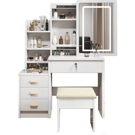 Tocador blanco con espejo LED y taburete acolchado, 4 cajones, MDF, 83 x 55,5 x 130 cm, HOMVRA (1/5)