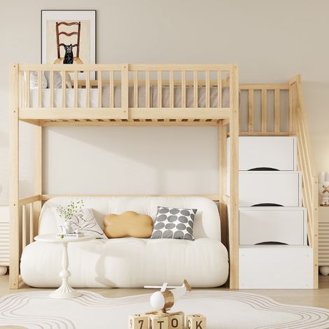 Lit mezzanine 90x200 avec échelle de rangement de sécurité,cadre de lit en pin massif pour enfants et adolescents (1/5)