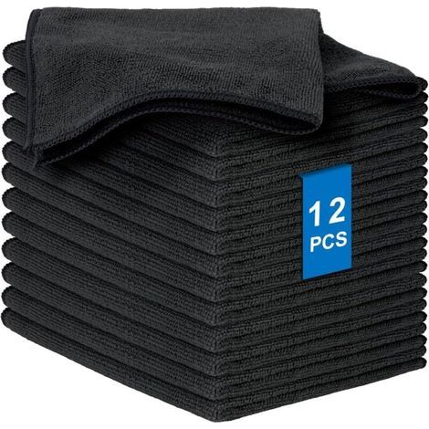 Panni per la pulizia in microfibra, set da 12 pezzi di panni in microfibra altamente assorbenti, panni multifunzionali riutilizzabili per piatti, senza aloni per cucina e auto (nero), 30 x 30 cm (1/4)