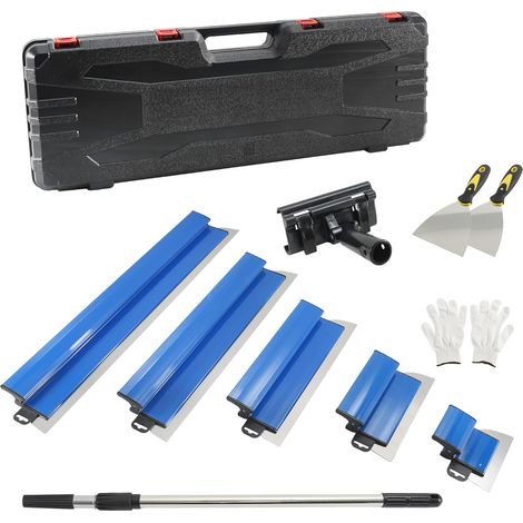 Kit de Spatules de Surface, 5 Lames de Mastic (15cm, 25cm, 40cm, 60cm, 80cm) + Manche d'Extension Télescopique 85-130cm, Couteau à Lisser en Acier Inoxydable pour Plâtrier, Étui Noi (1/5)