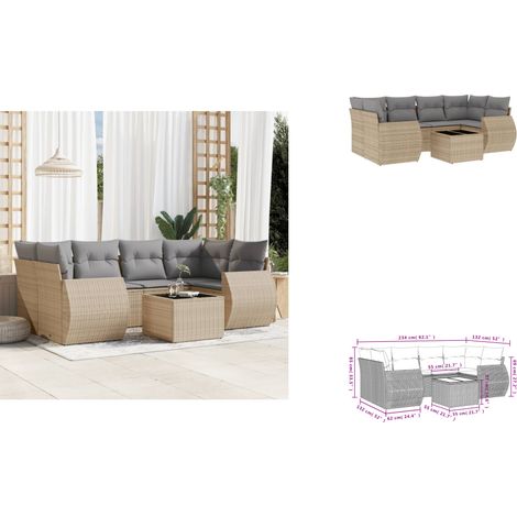 7-tlg. Garten-Sofagarnitur mit Kissen Beige Poly Rattan - Gartenmöbel Set - Outdoor Möbel - Rattan Gartenset - Lounge Set - Esstisch Set (1/3)