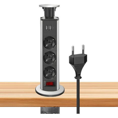 Prise de table escamotable avec 2 ports USB, 3 prises escamotables, 80 mm, avec câble de 1,5 m, pour plan de travail, bureau, cuisine (1/5)