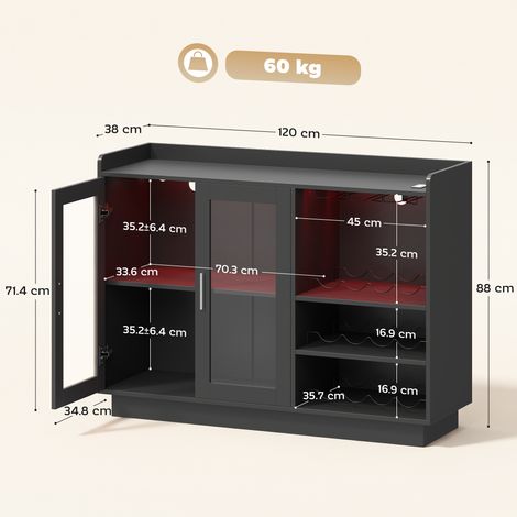 Casier à vin avec éclairage LED et étagères réglables, en bois et verre, 120 x 38 x 88 cm, noir (1/5)