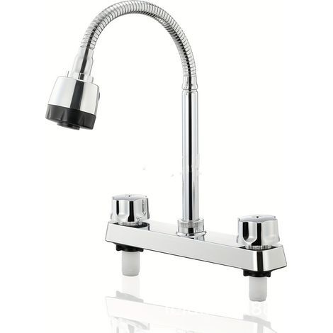 Kitchen tap for camper van, curved design and 360° rotating, silver color, water supply hose included. (1/5)