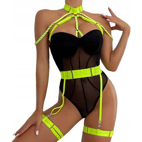 Sexy Damen-Unterwäsche-Set: Gürtel, Choker, BH, Höschen, Neonfarben, wunderschön
