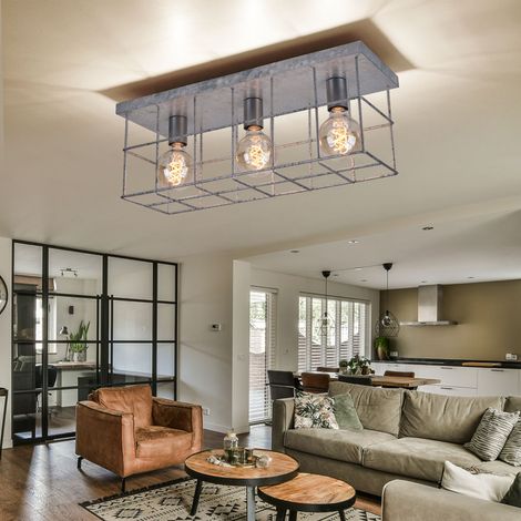 Plafoniera lampada da soffitto 3 lampadine faretto industriale da soggiorno E27, griglia metallica color zinco, 3x prese E27, LxLxH 60x20x25,8 cm