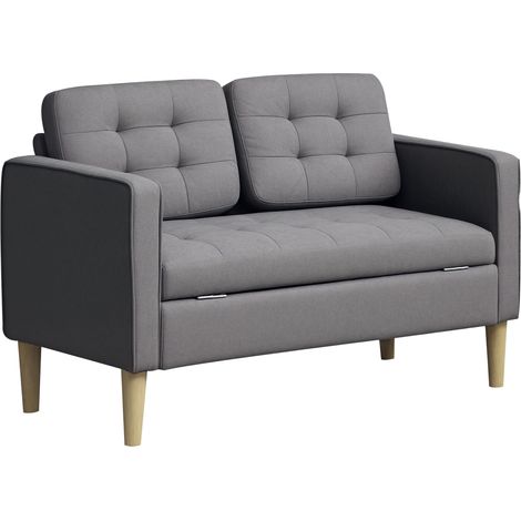 Modern 2 Seater Sofa with Hidden Storage, 117cm Tufted Cotton Couch with Wood Legs, Compact Loveseat for Living Room, Kitchen, Grey