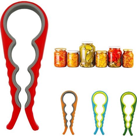 Juego de 4 abridores de frascos, abridores de botellas con anilla, abrelatas, ayuda para manos débiles, manos artríticas (1/5)