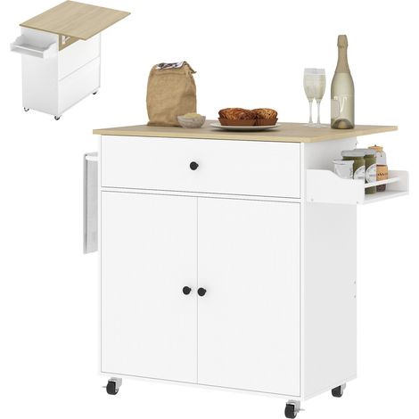 HOMCOM Kitchen Island with Drop Leaf, Rolling Kitchen Storage Trolley, White (1/5)