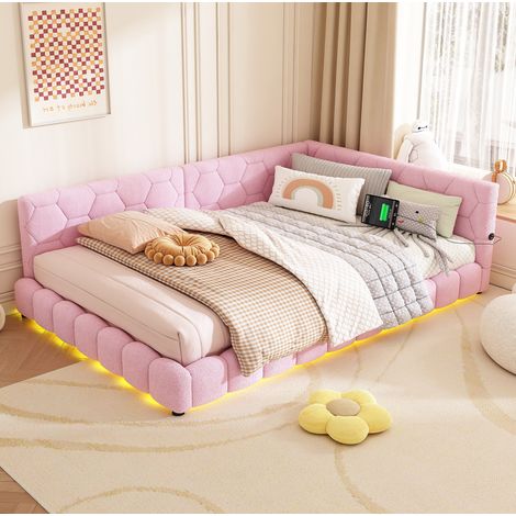 Bett Daybed modern 140x200 cm rosa in Samtoptik mit Kopfteil, Lattenrost, LED 16 Farben, USB und Type-C (1/5)