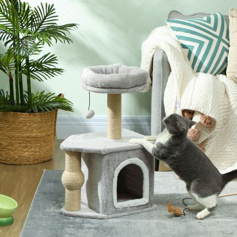 Arbre à chat tour de jeux pour chats. avec poteaux à griffer lit pour chat maison pour chat 42 x 30 x 66 cm gris clair