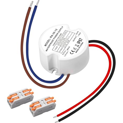 Transformateur LED 12V 30W 2.5A, IP67 Étanche Alimentation Rond Ø48mm, Transfo avec 2 Connecteurs pour Ruban LED, Spots, Éclairage Extérieu (1/5)