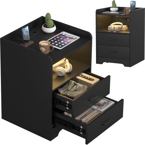 Wolketon Comodino, con LED multicolore regolabile, 2 cassetti, connettività Bluetooth, nero (1/5)