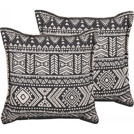 2 Coussins Décoratifs Noir Beige avec Motifs de Style Bohème Sud Américain Pour Lit ou Canapé Design et Tendance Beliani (1/5)