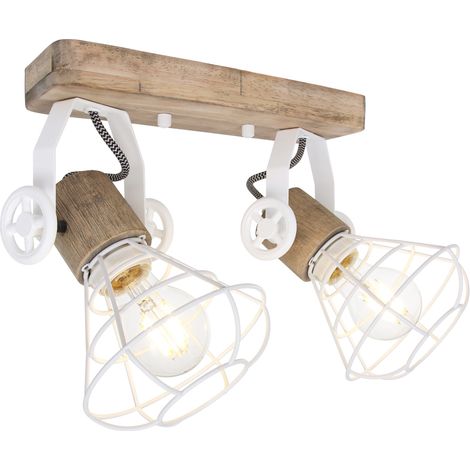 Deckenleuchte Holz Deckenlampe schwenkbar Wandleuchte Industriell, Metall weiß, 2x E27 Fassungen, LxBxH 27x14x27 cm (1/5)