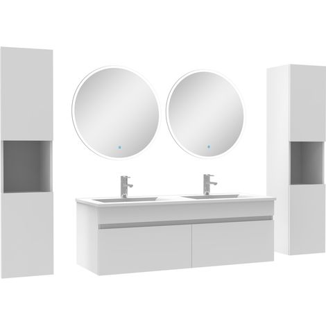 Ensemble meubles Salle de Bain double vasque 120cm, colonnex2 et miroir rond Blanc (1/5)